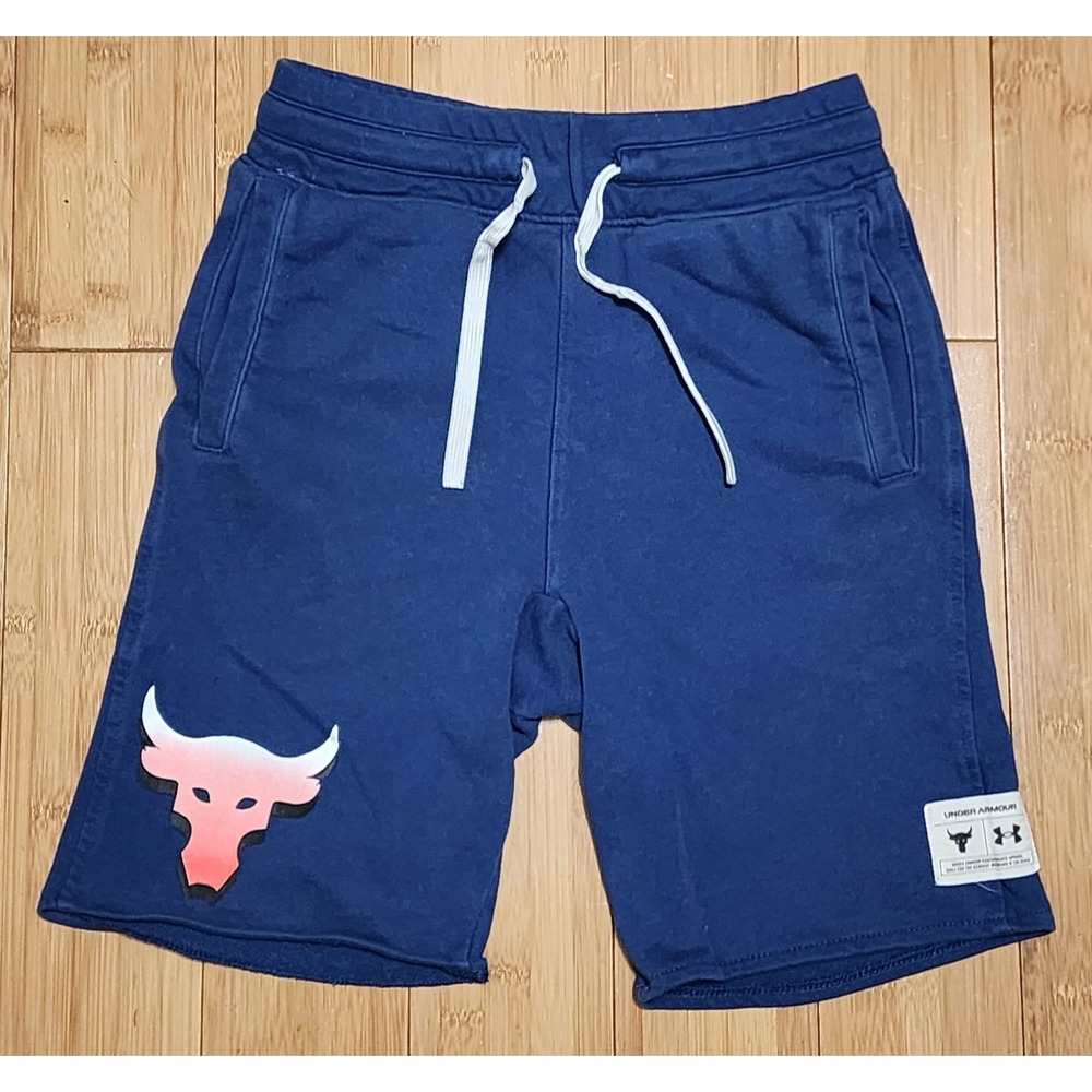 Under Armour Project Rock Terry Brahma Bull Shorts Blue Boys Size Medium Workout